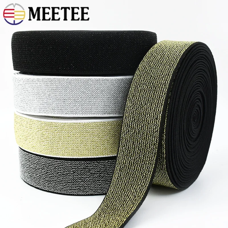 3/5Meters Meetee 10-50mm Glitter Gold Silver Elastic Bands Nylon WaistBand Soft Rubber Band Pants Skirt Belt Sewing Accessories