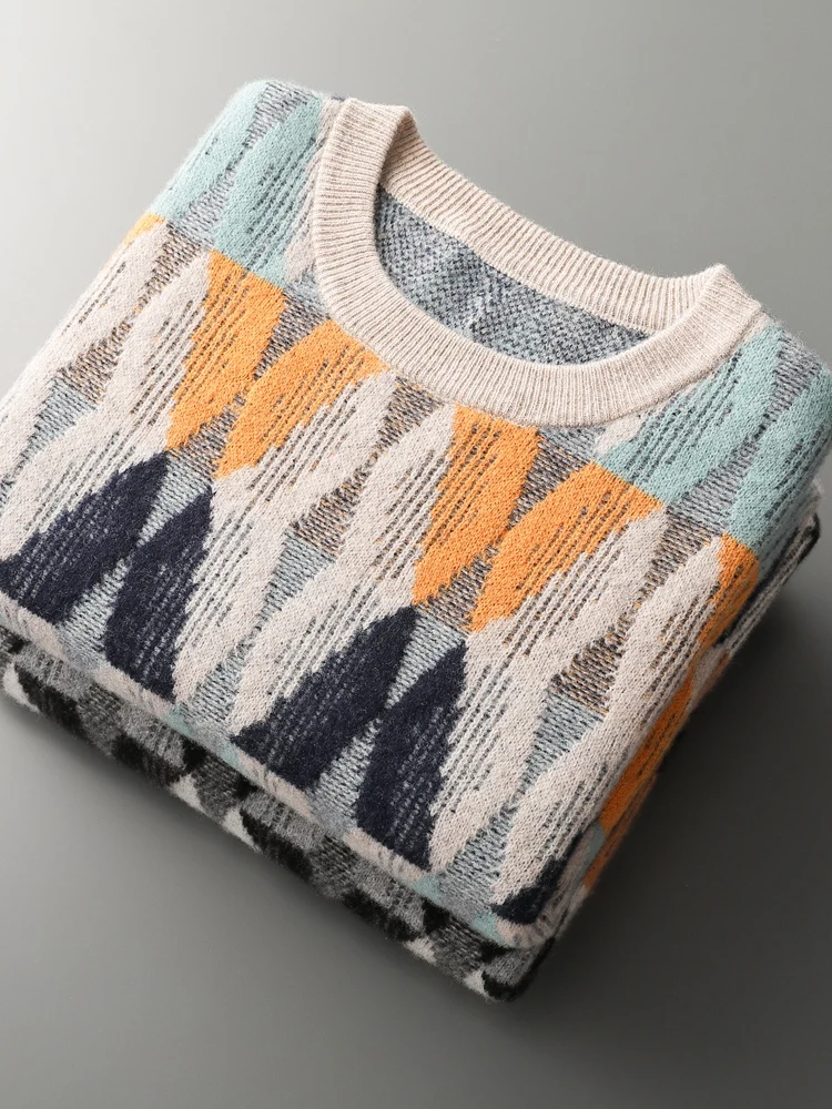 New Men's 100% Merino Wool Knitwear O-neck Thick Jacquard Vintage Diamond Sweater Wool Pullover Autumn Winter Knit Comfy Sweater