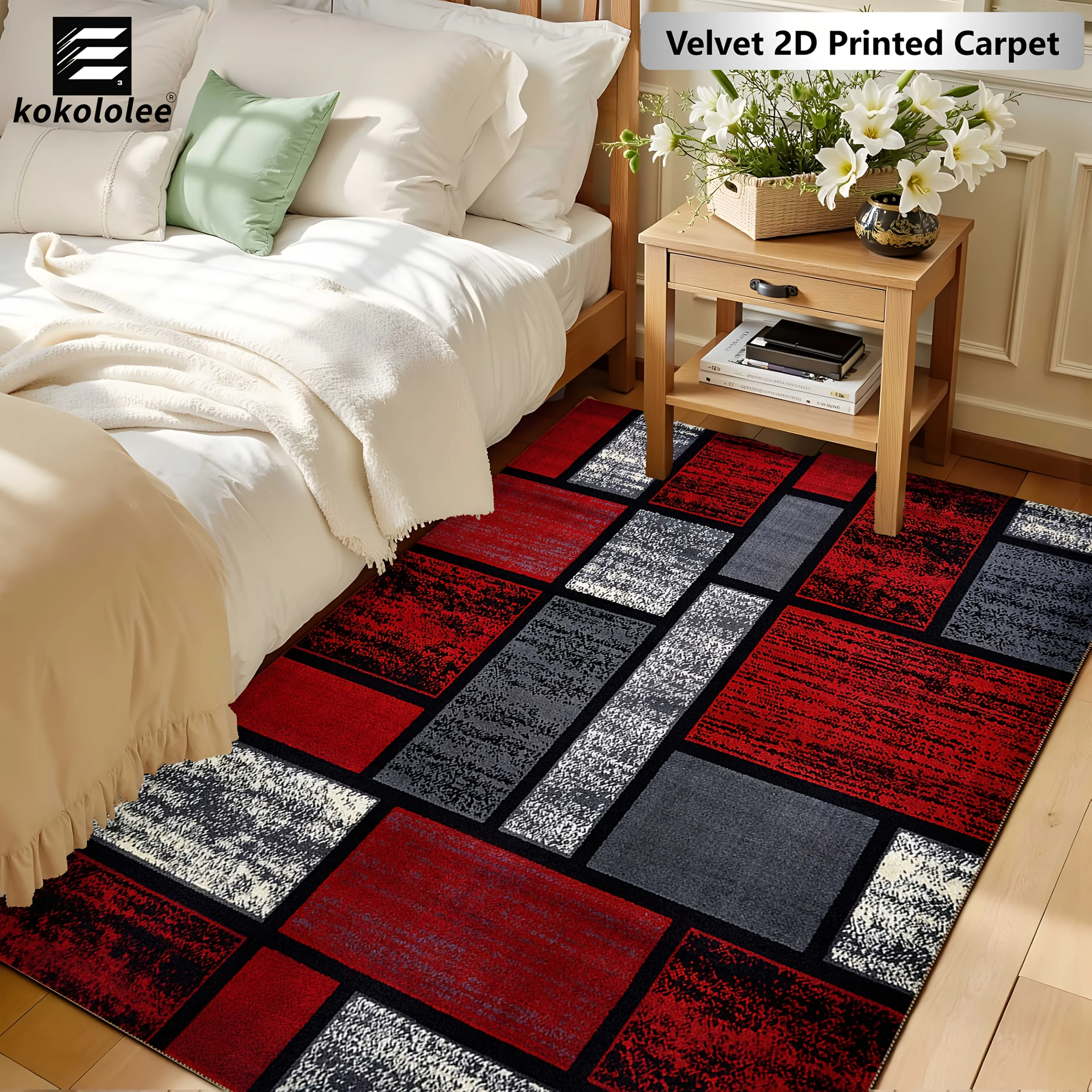 VIKAMA Modern Geometric Block Area Rug Red Grey Black Patchwork Square Tile Print Non‑Slip Washable Bedroom Home Floor Mat