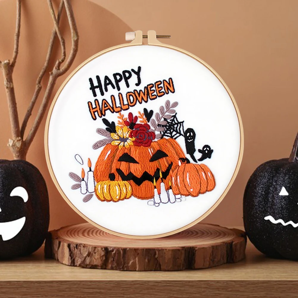 

DIY Handmade Embroidery Kit Art&Crafts with Needles Pumpkin Skeleton Bat Pattern Cross Stitch Kits for Beginners Halloween Decor