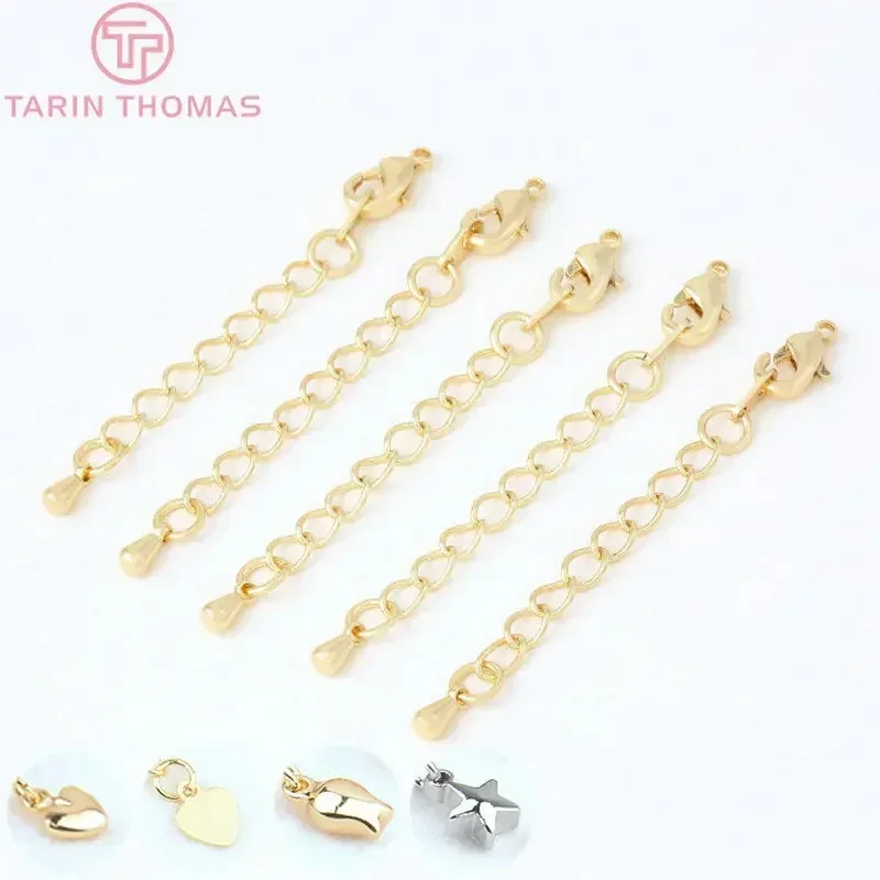 (3560)6PCS Full Length 70MM 24K Gold Color Plated Brass Extender Chain with Lobster Clasps High Quality Jewelry Accessories