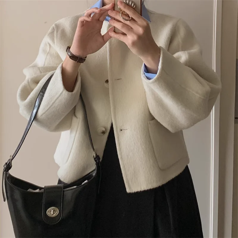 

Beige Grey Korean Chic Fall O Neck Short Jacket Elegant Women Long Sleeve Loose Coat All Match Single Breast Casual Outwear