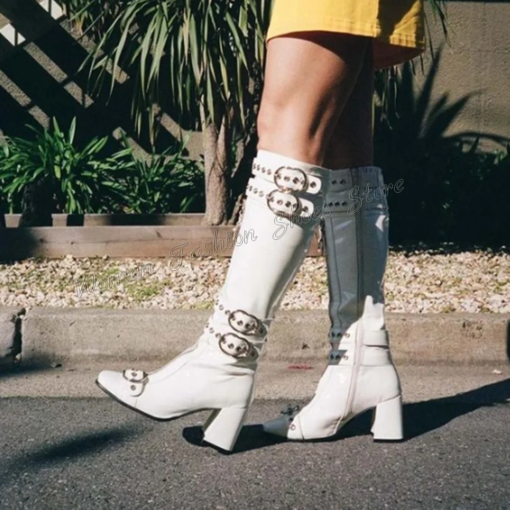 White Side Zipper Buckle Decor Boots Chunky High Heels Matte Leather High Heel Shoes for Women Heels 2025 New Zapatos Para Mujer