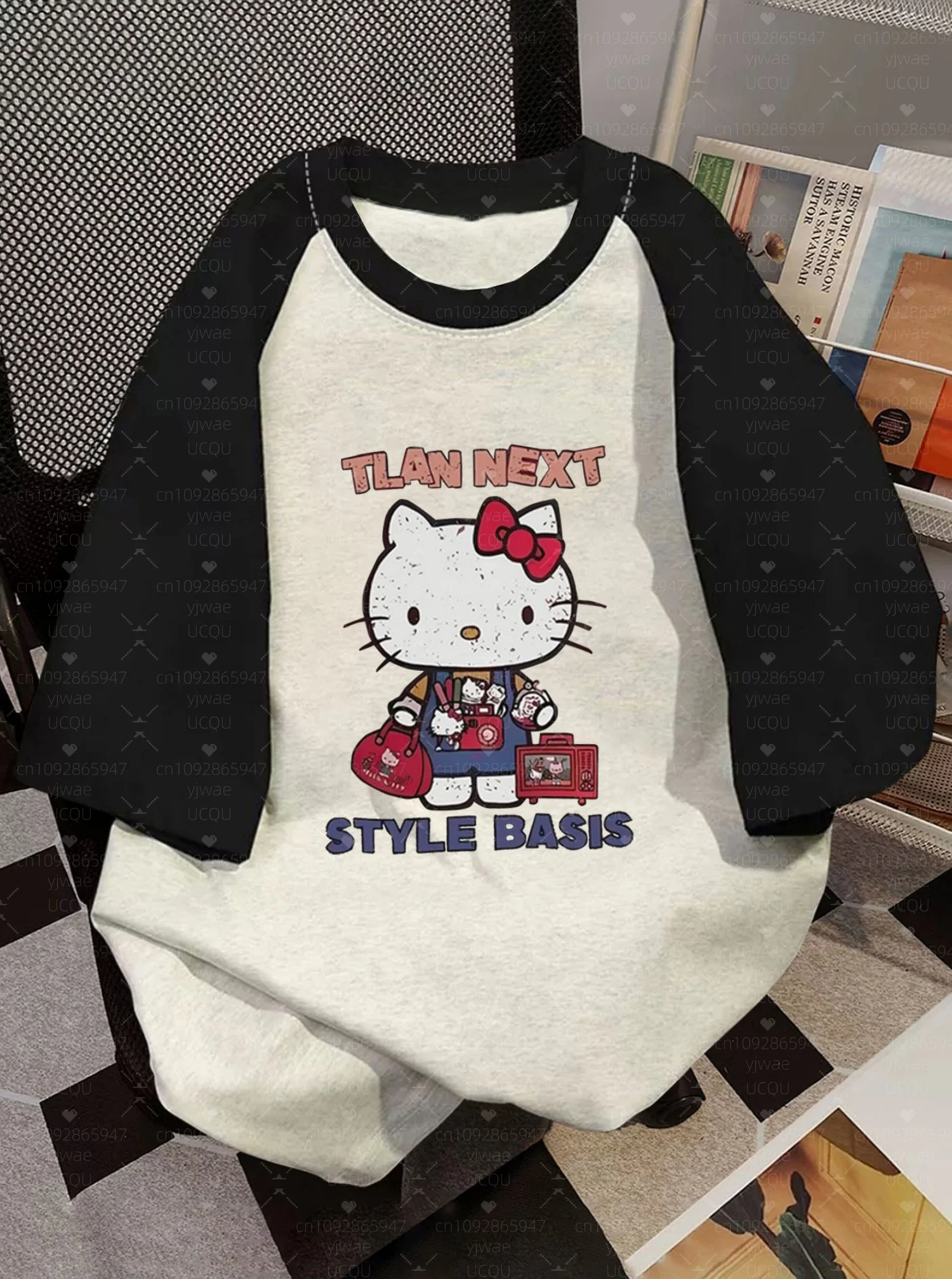 

Cartoon Hello Kitty Woman Football T Shirt Girl Daily Top Female Creativity Color Block O-Neck T-Shirt Casual Women Clothing