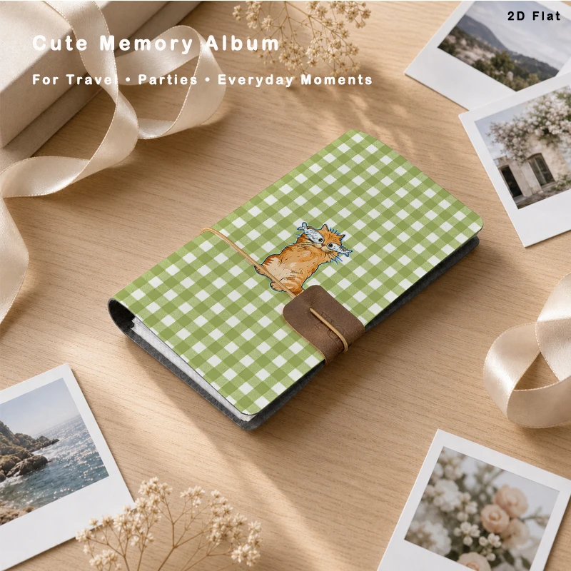 Fresh Green Plaid Kitty Pattern Photo Album 80 Vertical Insert Pockets for Holiday Birthday Party Gift Photo Collection