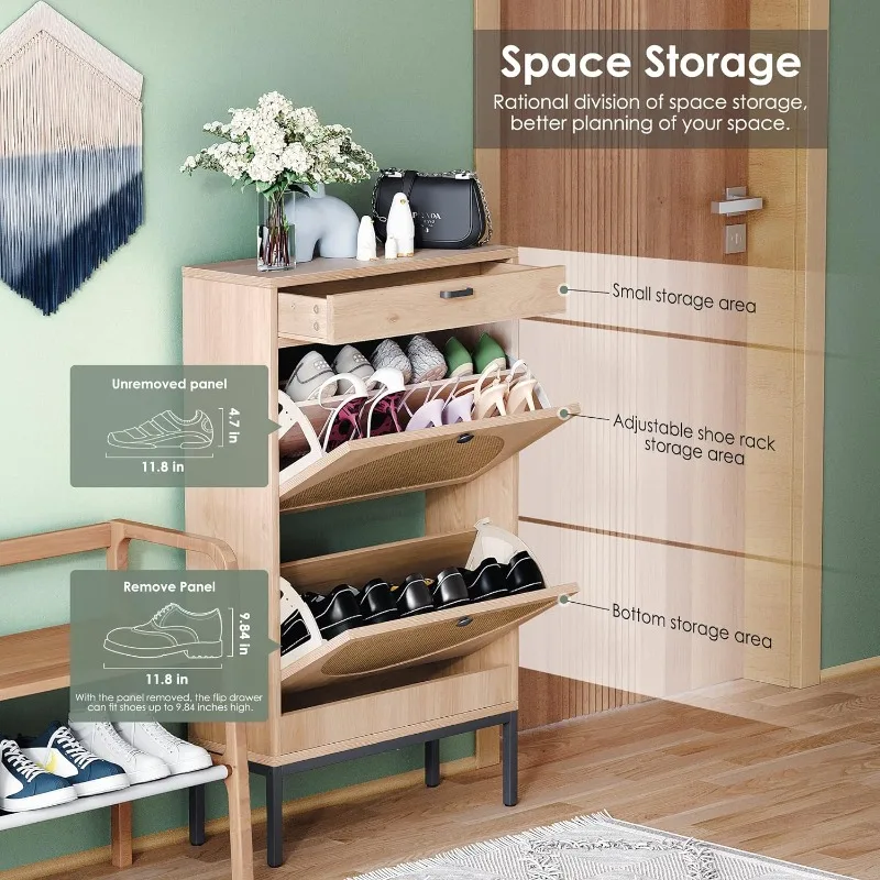 Shoe Rack Storage Organizer with 2 Natural Semi-Circular Rattan Doors, Entryway Wooden Shoe Cabinet for Sneakers,