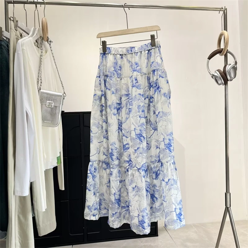 

New Arrival 2025 Summer High Waist Casual Floral Print Midi Skirt Women Fresh Style Versatile Daily Wear Skirts