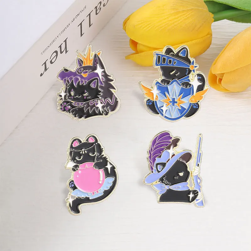 Creative Fantasy Magic Black Cat Brooch Crystal Ball Western Wolf Shield Metal Badge Pin for DIY Clothing Bags Hat Scarf T-shirt