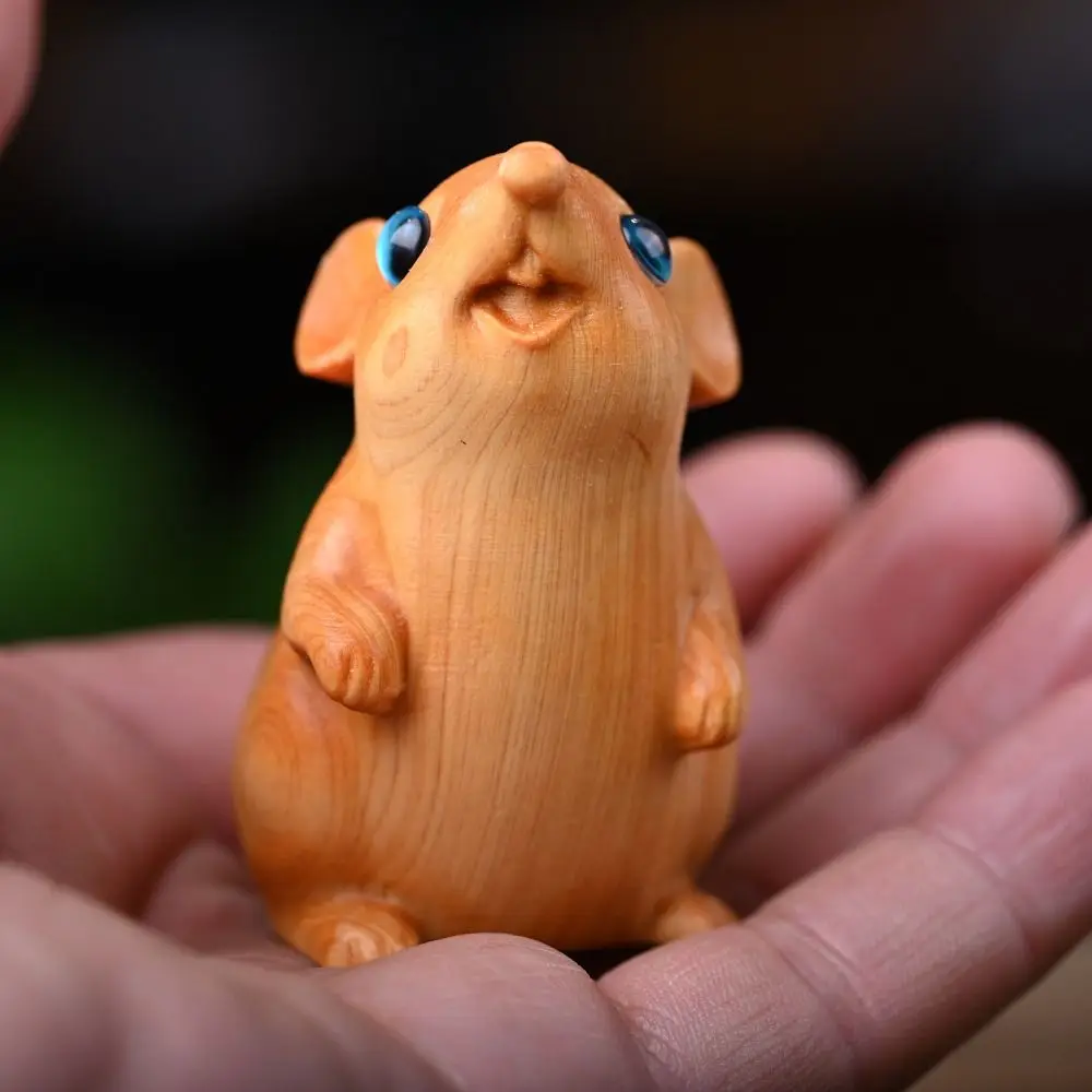 Crafts Wood Carved Zodiac Mouse Statuette Cute Decorative Hamster Statue Funny Animal Figurine Sculpture Birthday Gift