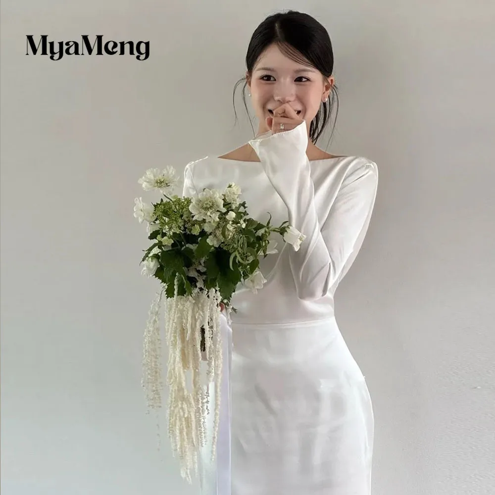 Boat Neck Korea Sheath Wedding Dresses 웨딩드레스 Silk Satin Ivory Long Sleeves Customized Pretty Bride Gowns Plus Size