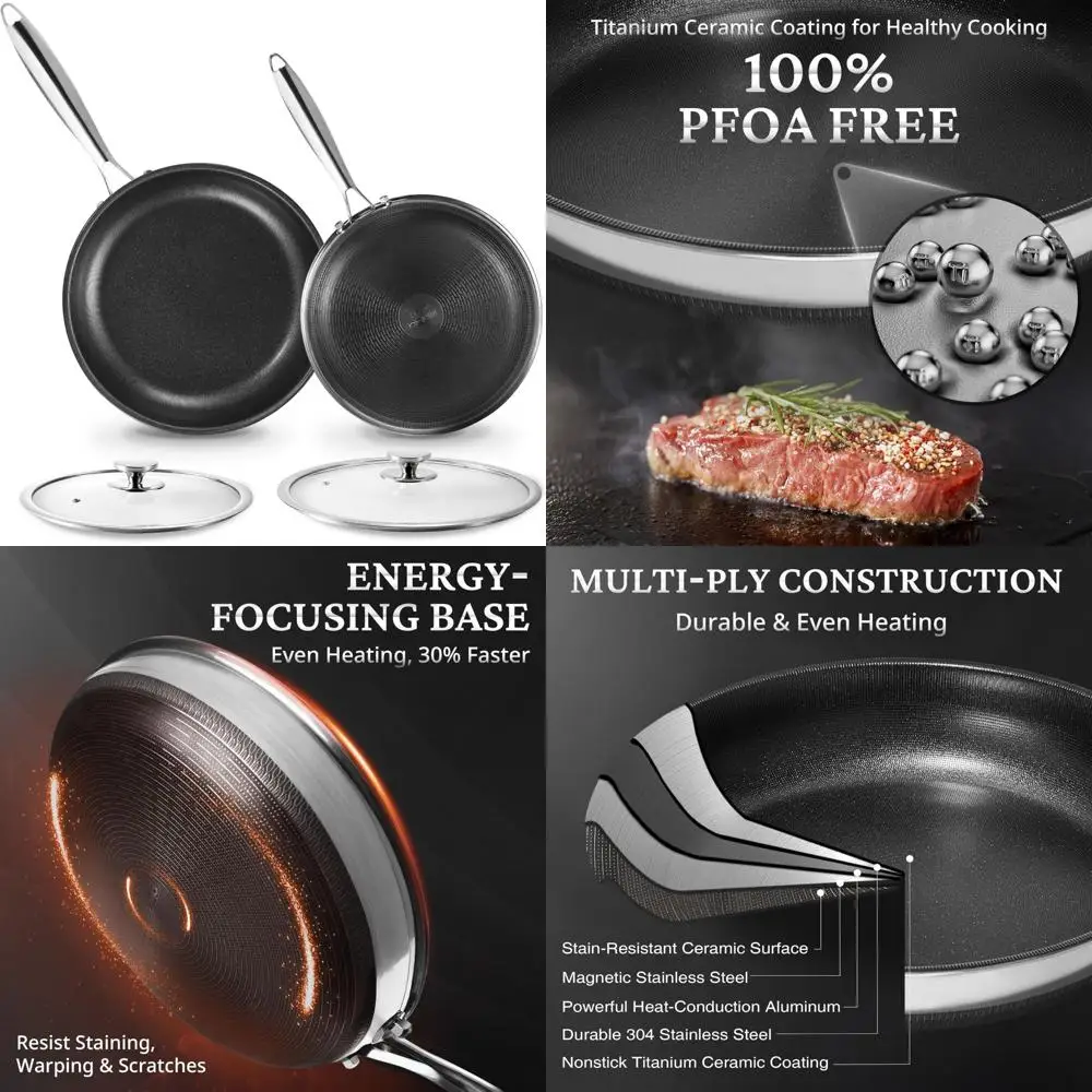 

Nonstick Titanium Ceramic Frying Pan Set with Lids, 10 and 12 Tri-Ply Stainless Steel, Non-Toxic, PFAS/PFOA/PTFE Free, Healthy C