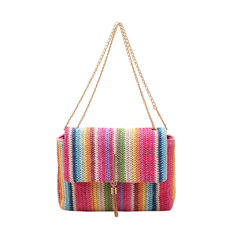 Bohemia Rainbow Weave Handbags For Women Retro Ethnic Style Underarm Bags Metal Chain Shoulder Bags Ladies Daily Shopping Bag