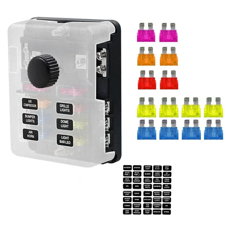 12Ways Blade Fuse Holder Block & Warning Indicator Power Distribution Panel Board Car Boat Fuse Box Holder