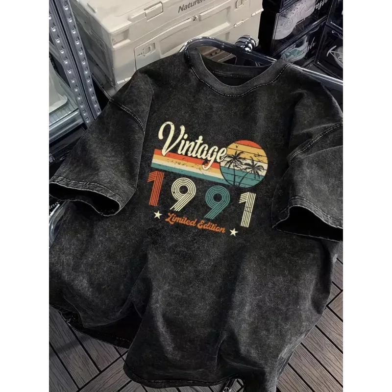 Camiseta Vintage Retro de 1991 con Gráfico de Palmeras al Atardecer, Lavada, Casual, Oversize, de Manga Corta, con Efecto Desgastado, Prenda Básica de Verano