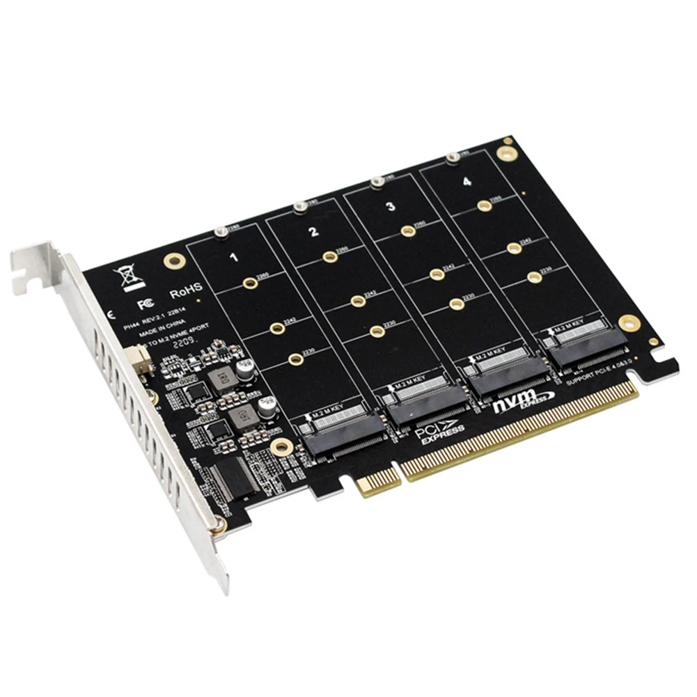 

4-портовый твердотельный накопитель M.2 NVME для PCIE X16, карта расширения считывателя, адаптер 4X32 Гбит/с, поддержка карт-конвертера 2230/2242/2260/2280, светодиодный индикатор