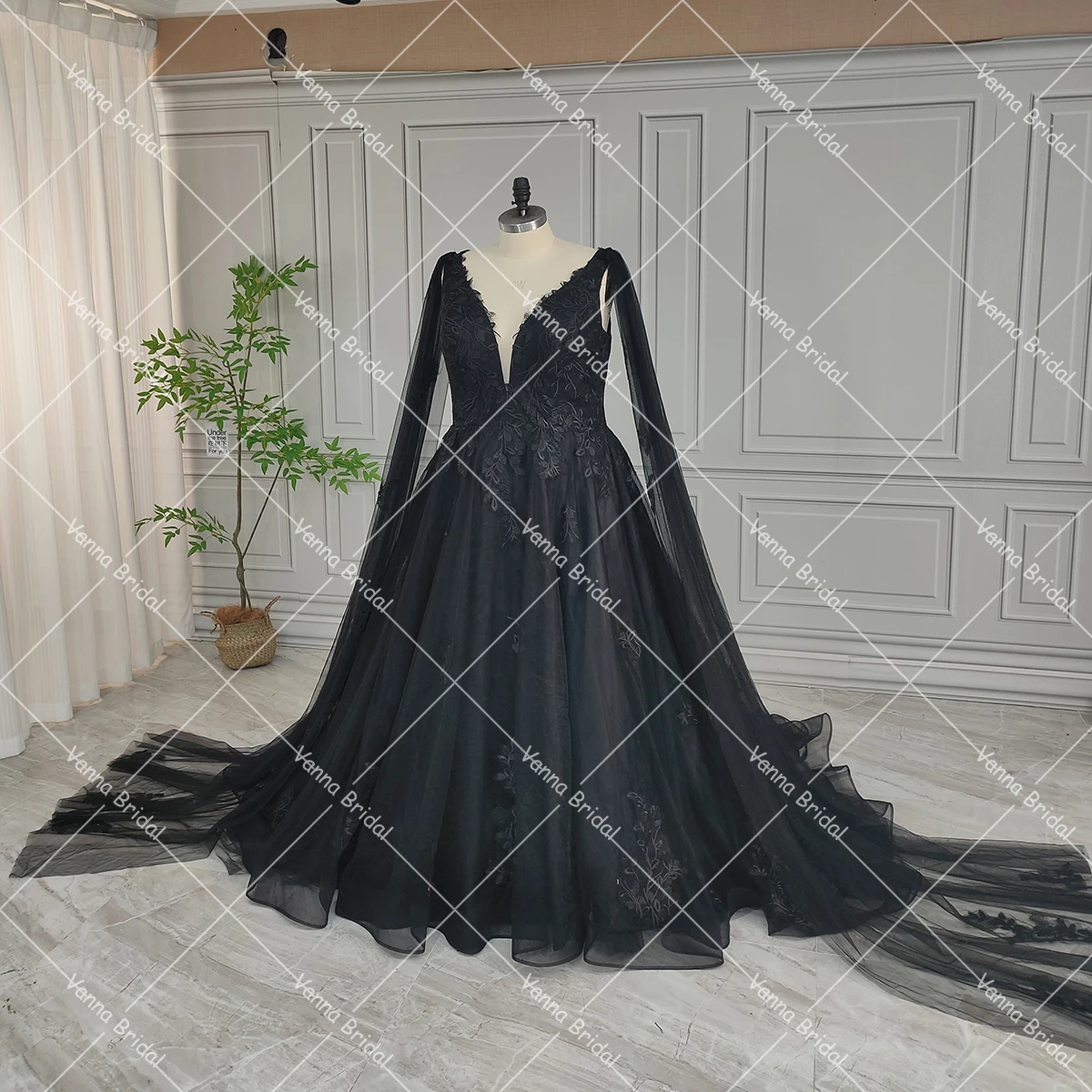 FIBRA-Robe de Soirée de Mariage en Dentelle Brodée, Col en V Profond, Appliques Florales Personnalisées, Poignées Détachables, Cape en Tulle, Grande Taille