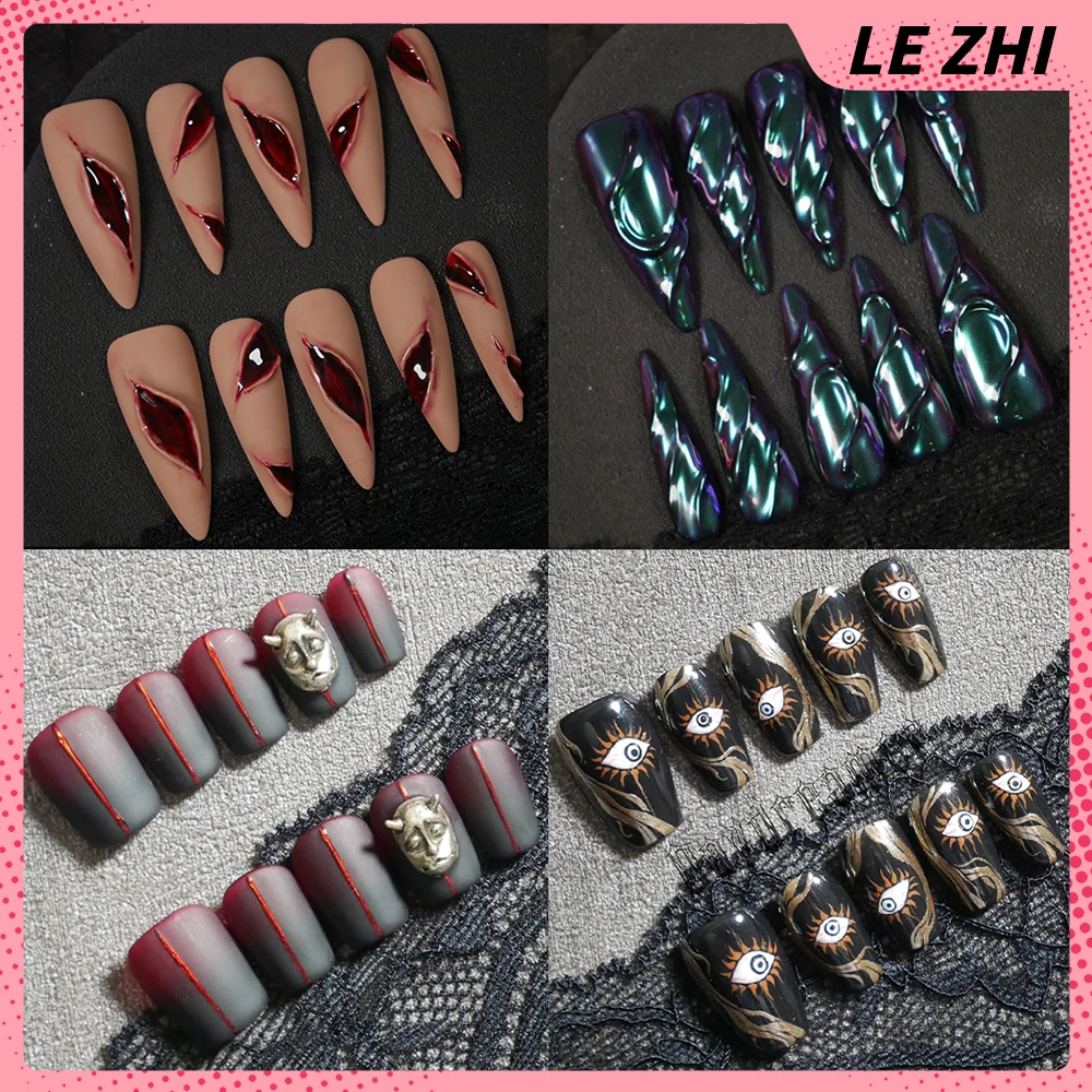10 قطعة نمط الشرير الداكن اليدوية نعش خنجر اضغط على الأظافر عيون العنكبوت مرآة سحرية مسحوق الماس القط عيون Bowknot أظافر وهمية #1