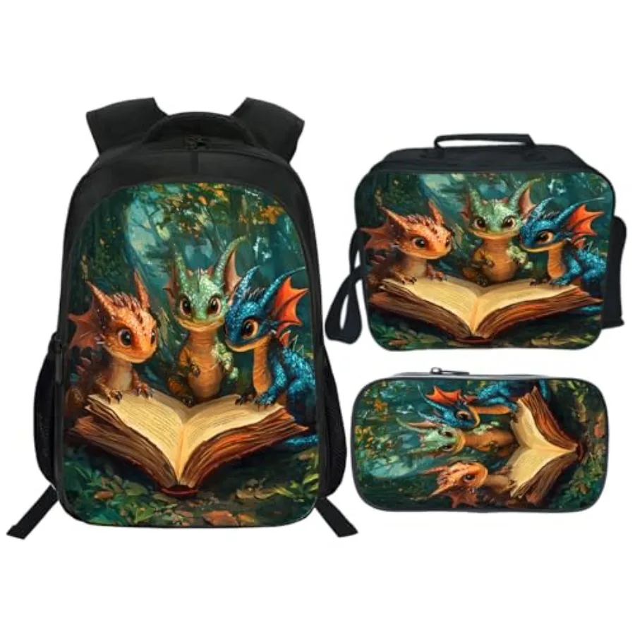 

Dragon Backpack Schoolbag with Lunch Box Bag Pencil Bag 3pcs Bookbag Sets for Boys Girls