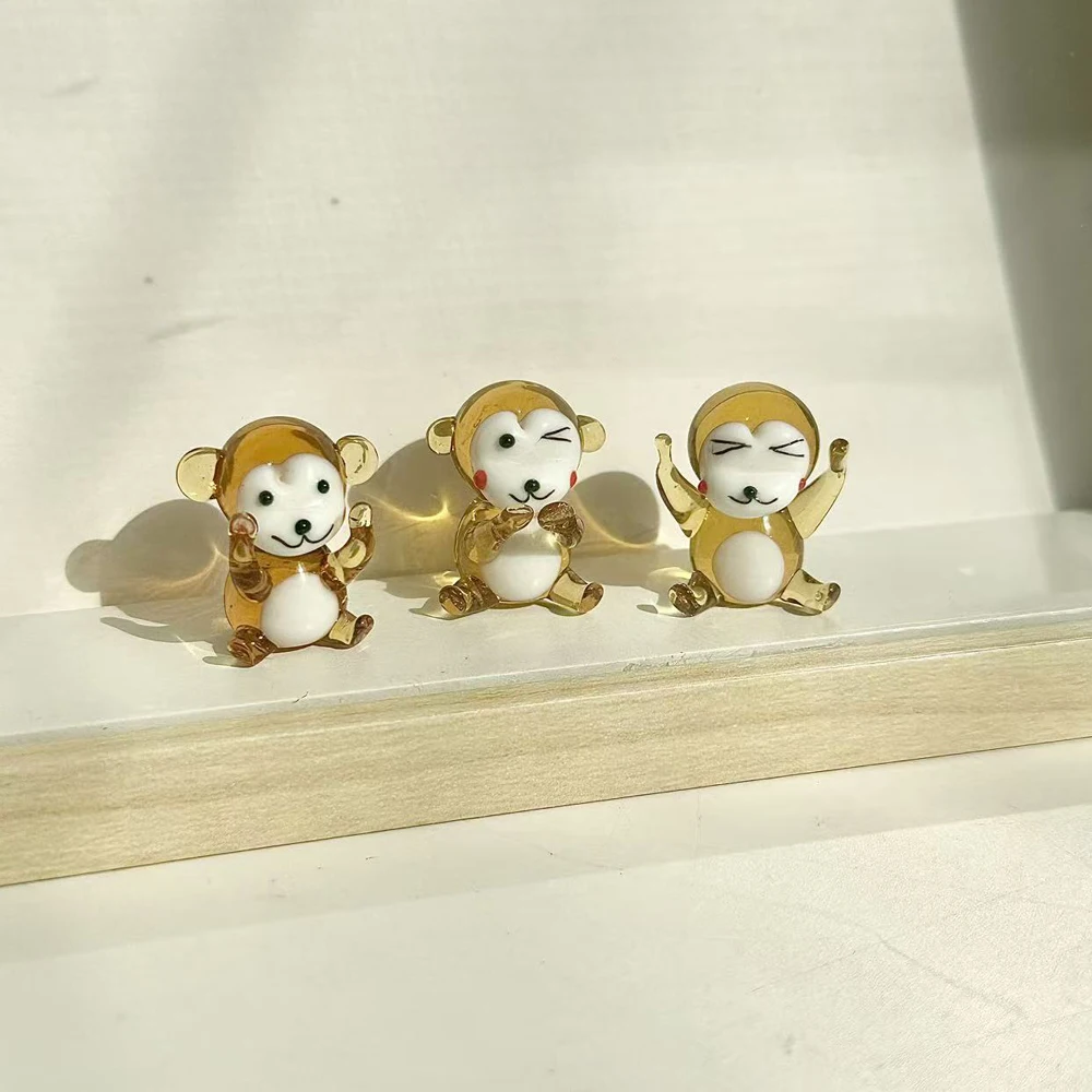 

Set of 3 Glass Monkey Figurines Collectible Miniature Monkey Animals Staue Handmade Lovely Craft for Home Room Table Decorations
