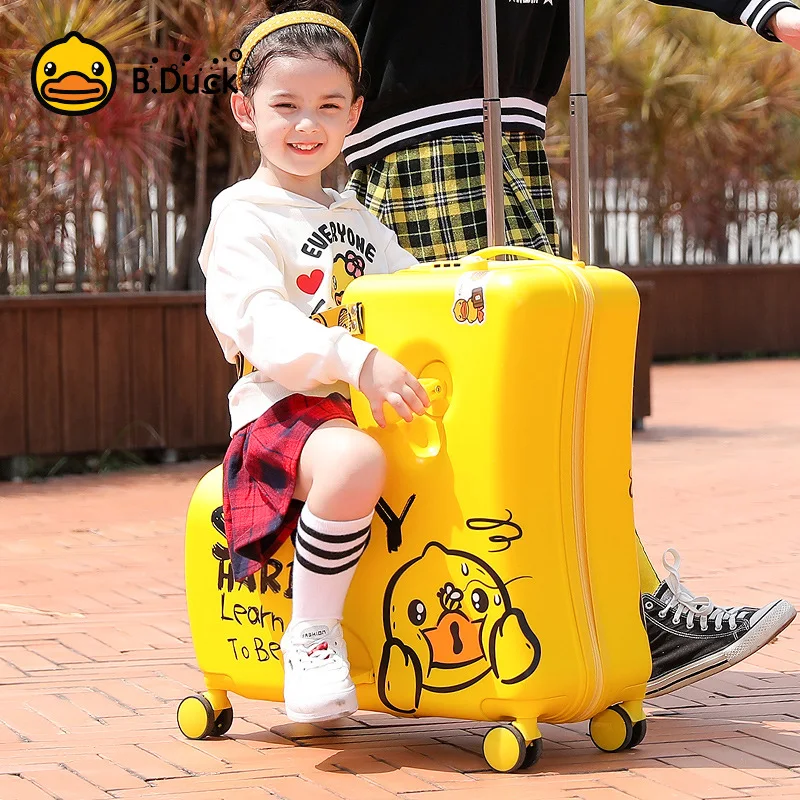 Kids Ride-On Luggage with Wheels, Cartoon Yellow Duck Rolling Suitcase, Carry-On Travel Trolley Case for Children