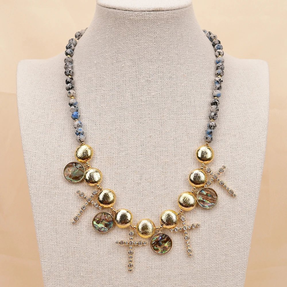 APDGG NO159 Handmade Natural K2 Stone Brushed Beads Shell Cz Pendant Gems Multi Strands Necklace