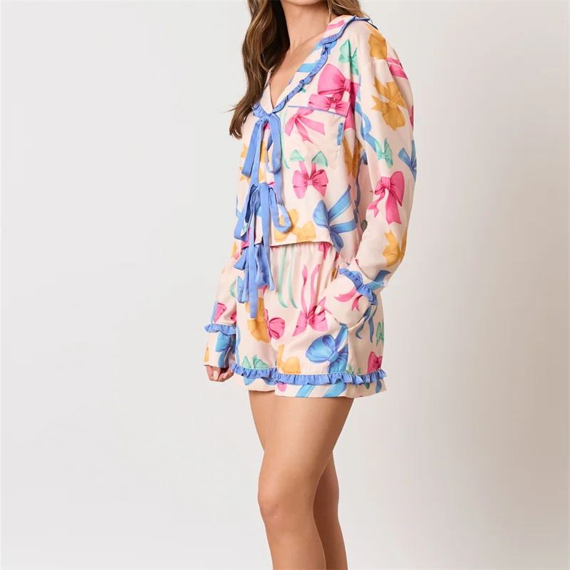 Women’s Two Piece Pajama Set Long Sleeve Bow Tie Front Tops and Shorts Set Loungewear