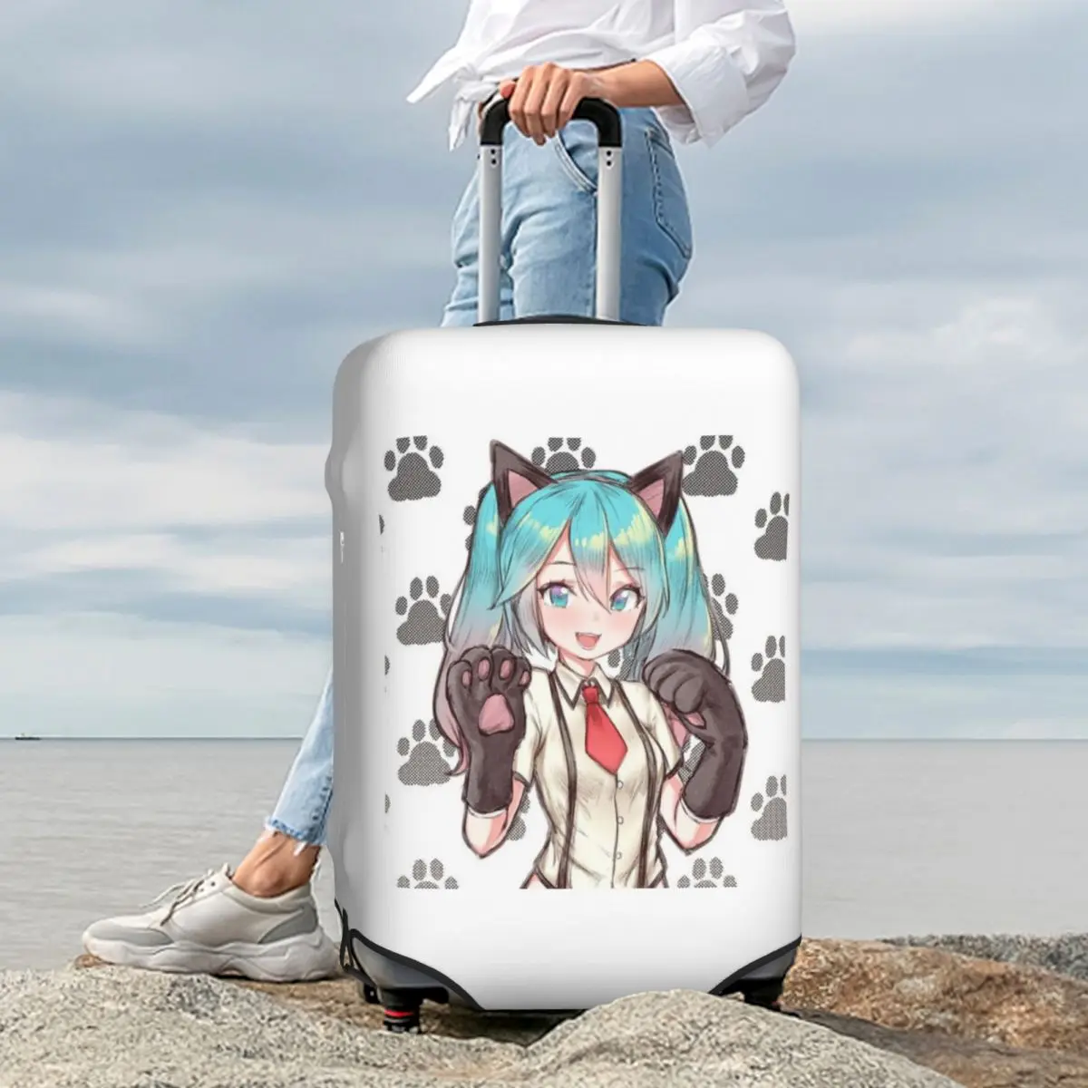 Hatsune Miku Nekko Kawaii غطاء حقيبة حماية مرونة السفر الأمتعة حامي يغطي لمدة 18-32 بوصة