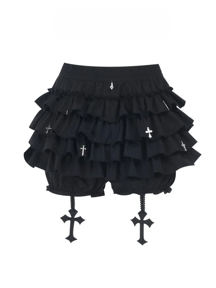 กระโปรงทรงบัลเล่ต์ฟูฟ่องสไตล์โกธิค Y2K Subculture Bla Cross Cake สำหรับผู้หญิง ฤดูร้อน เอวสูงทรงเอ