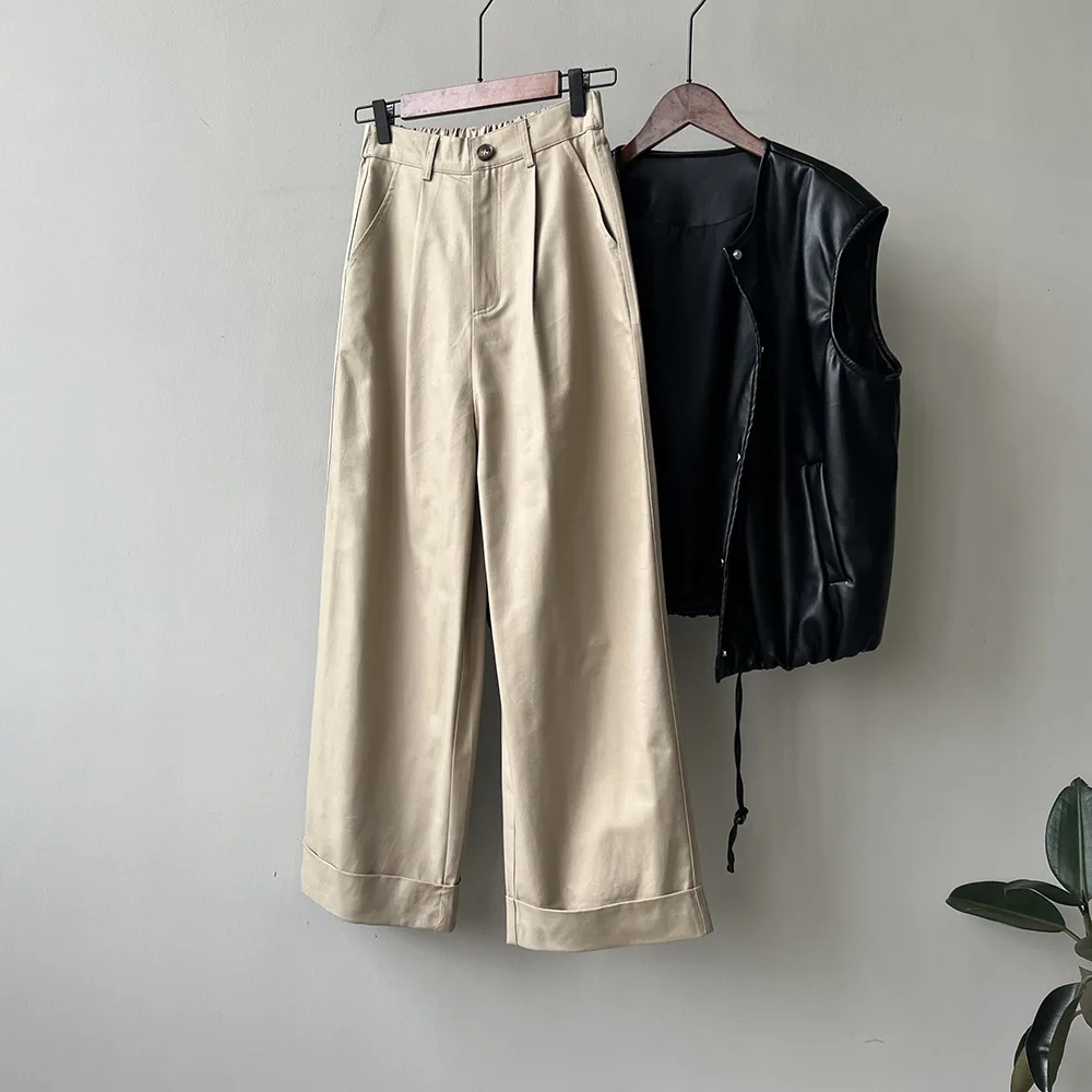 Women Clothing High Waist Wide Leg Casual Pants 2024 Spring Autumn New Fashionable Cotton Loose Straight Leg Roll-up Pants