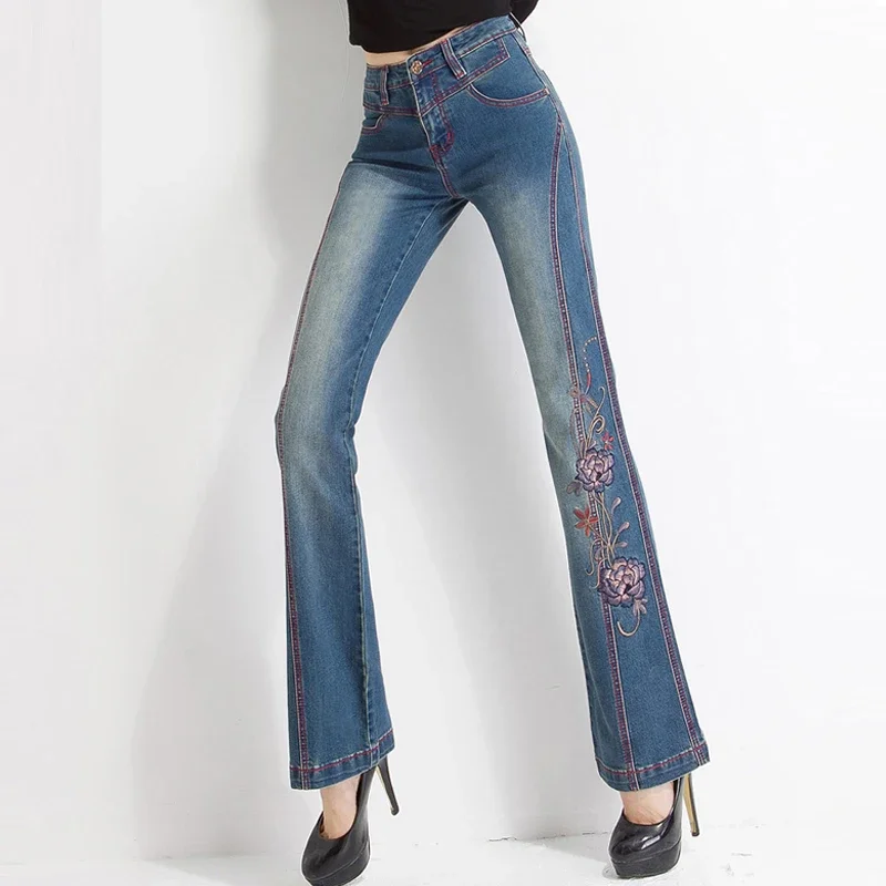 

Summer Spring Casual Women Female Embroidered Flare Denim Trousers , Autumn Stretch Flower Jeans Pants For Woman With Embroidery