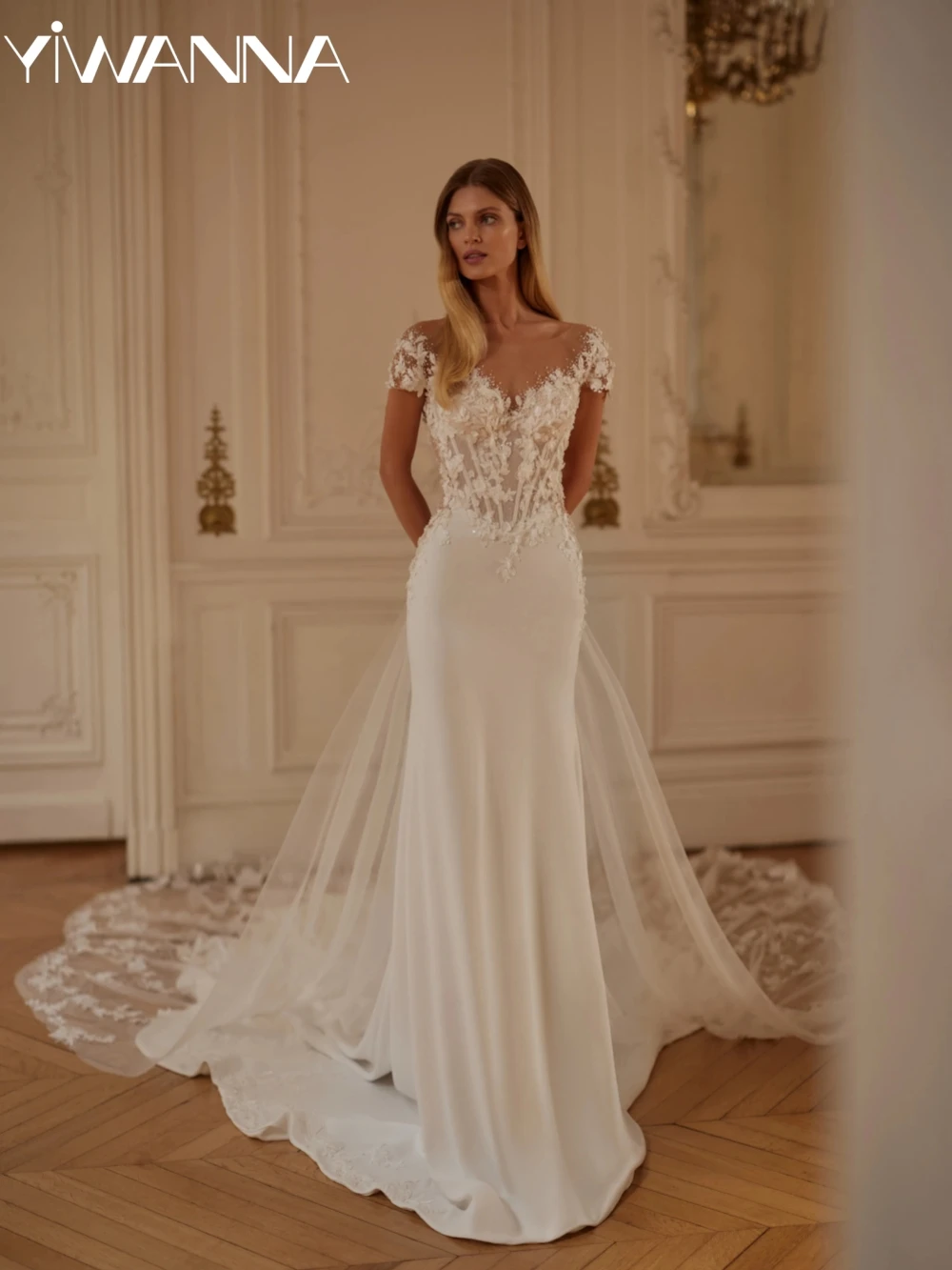 

New Arrival Pearls Mermaid Long Wedding Dress With Detachable Train Lace Appliques Bridal Gown Customized Dresses For Bride