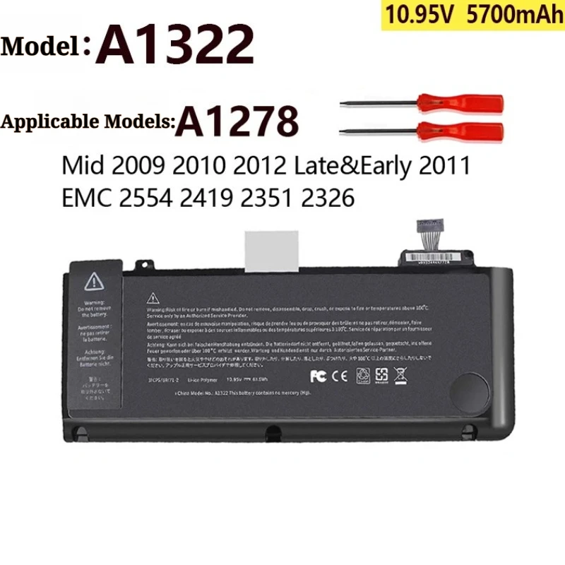 A1322 10.95V 5700mAh Replacement Laptop Battery for MacBook Pro 13