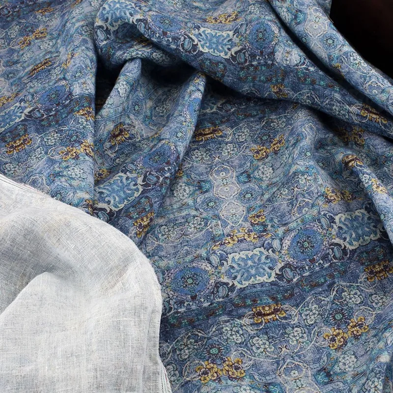 Tela con estampado de lino lavado a la piedra, Cheongsam chino, ropa Retro Han, elegante, azul