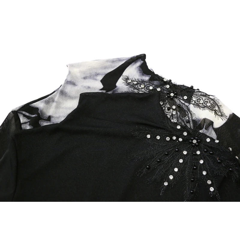 2024 New Fall Winter Korean Clothes Mesh T-Shirt Chic Sexy Wash Painting Patchwork Embroidery Women Tops Long Sleeve Tees 311050 image 6