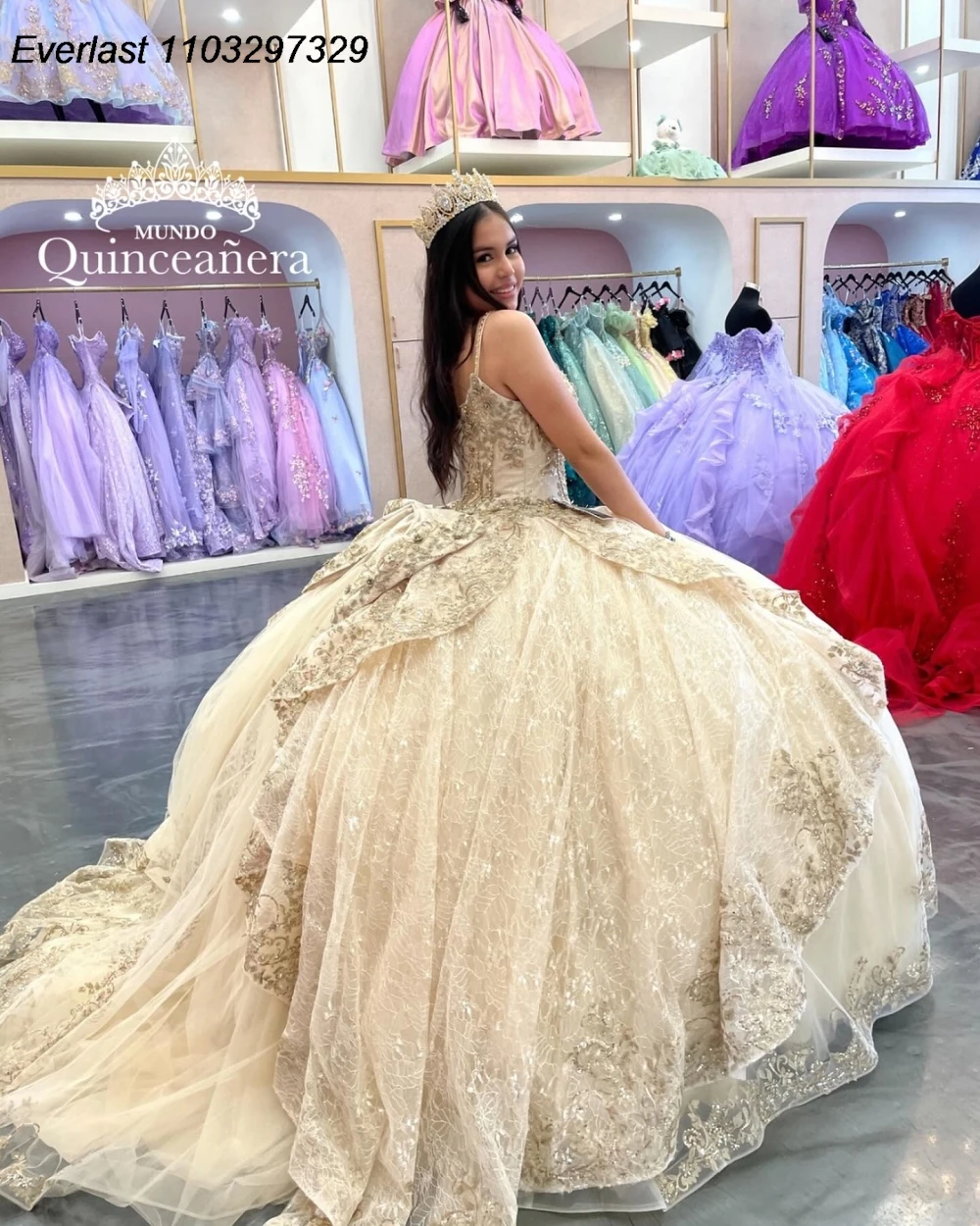 EVLAST Personalizzato Champagne Abito Quinceanera Abito di Sfera Oro Applique di Pizzo In Rilievo A File Dolce 16 Vestido De 15 Anos QD1013