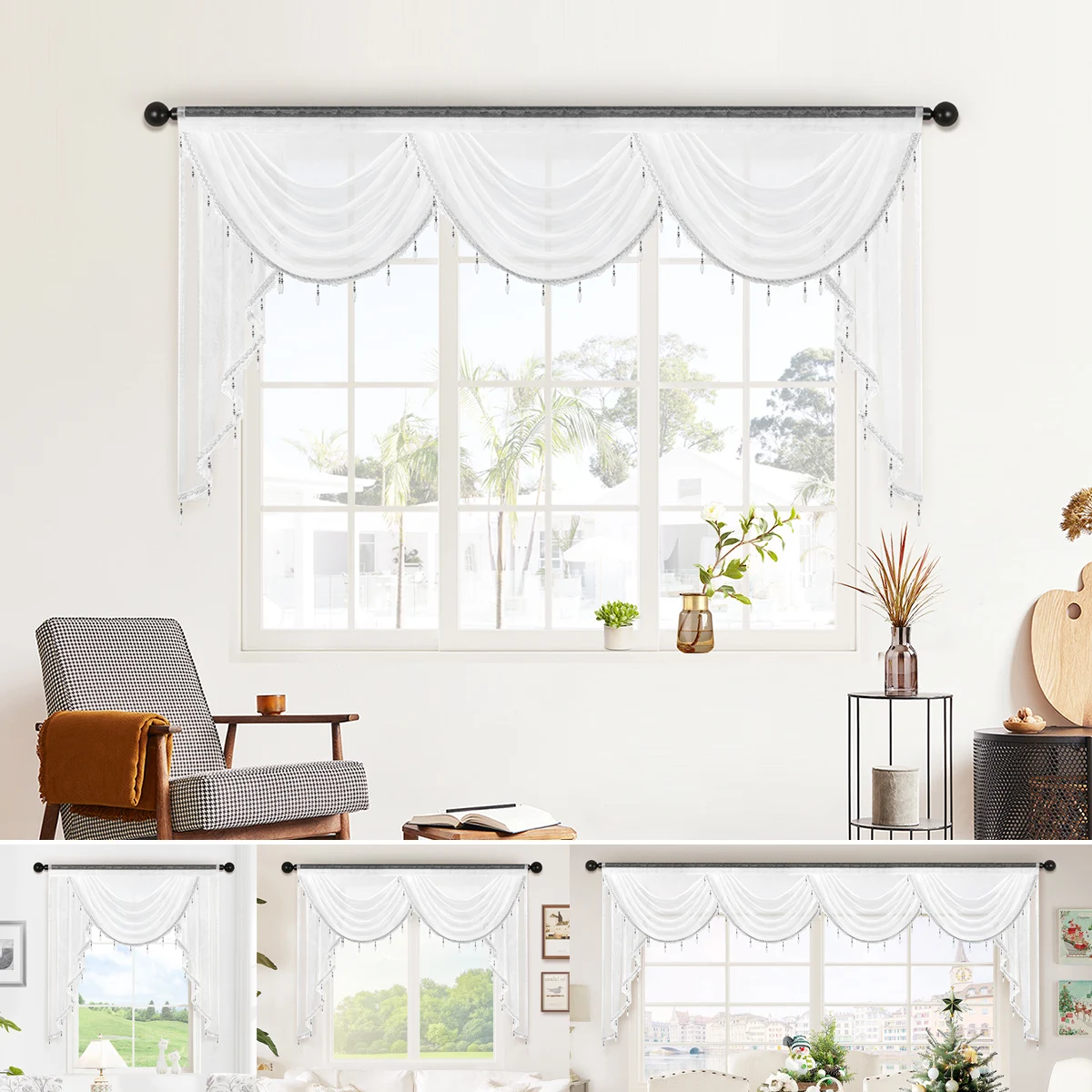 1pc Modern Style White Waterfall Swag Valance for Christmas Festival Decor，Rod Pocket,White Thin Sheer Valance for Living Room