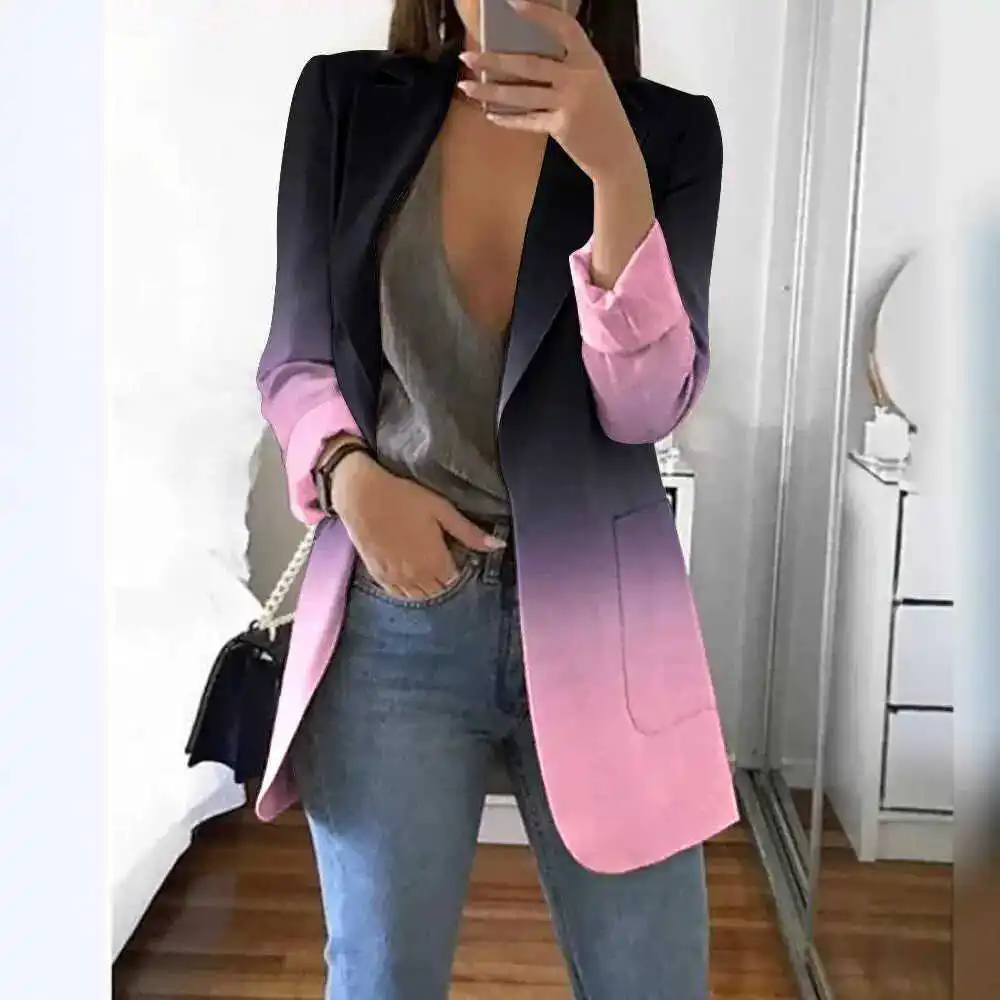 

Casual Printed Long Sve Suit Jaet Women's Street Sle Par Wear adient Print Outerwear Trendy Women's Coat
