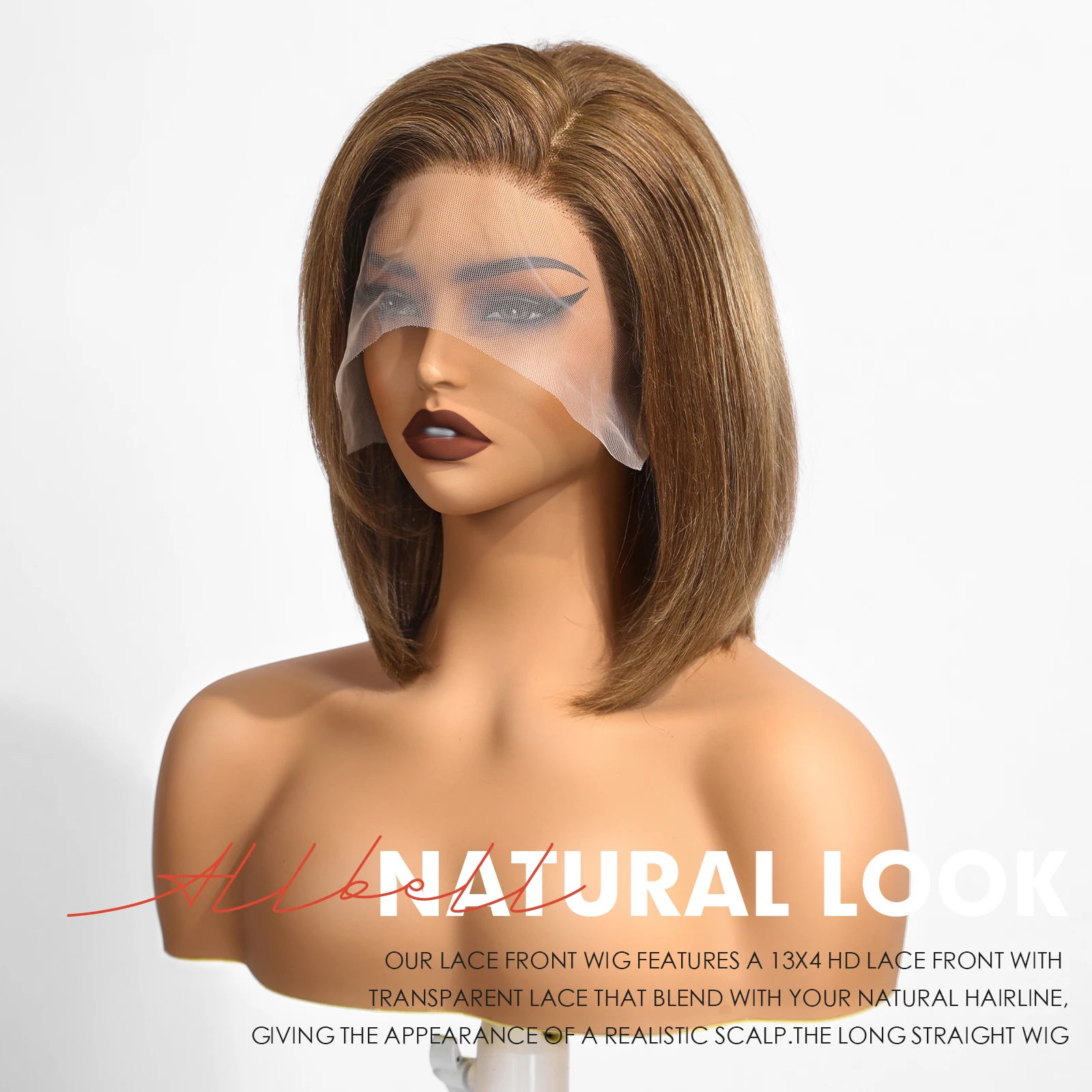 Perruque Bob Lace Front Wig Naturelle à Mèches, Cheveux Courts, Blond, Beige Foncé, 13x4, HD, Partie Libre, pour Femme