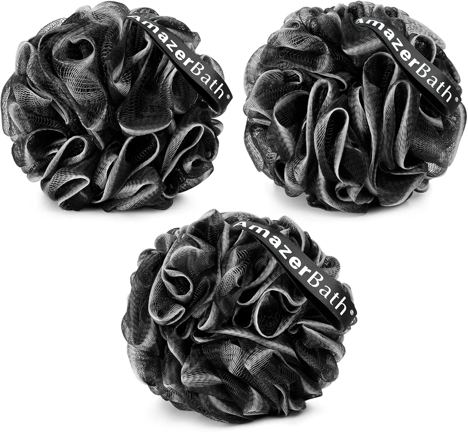 

Body Scrubber Sponge Set of 3 - Exfoliating Shower Puffs for Men and Women, Black & White Edge, 60g Each
