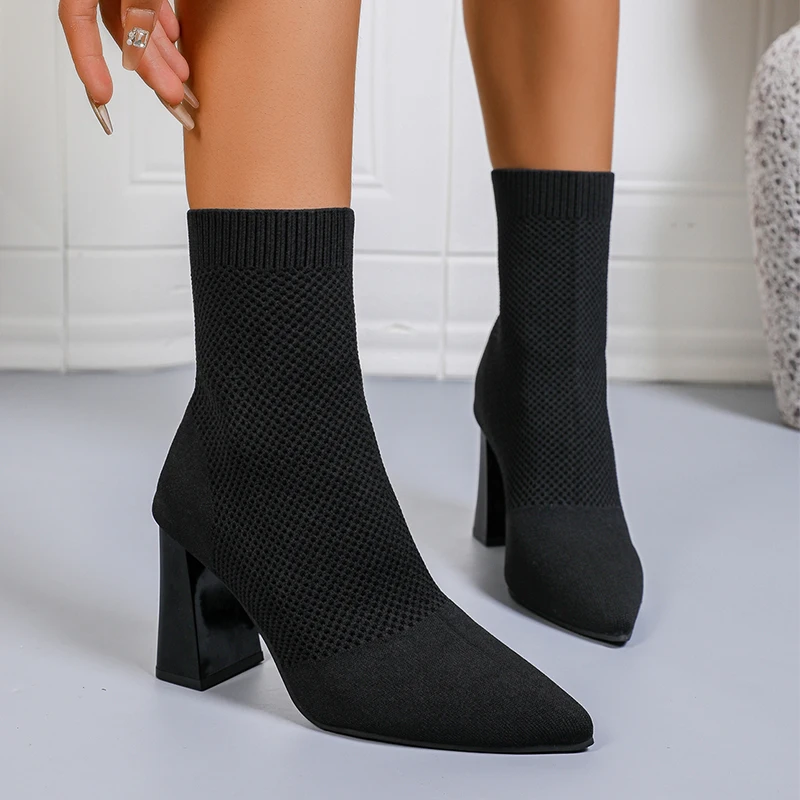 

Sexy Womem High Heels Sock Boots Pointed Toe Shoes Chunky Chelsea Boots 2025 Winter Fashion Pumps Warm Snow Boots Mujer Zapatos