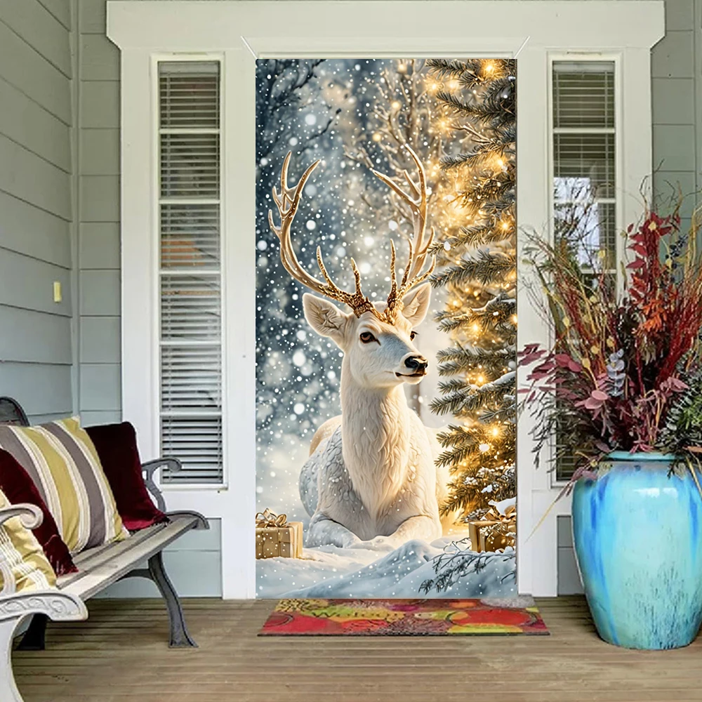بطانات الأيائل البيضاء لأبواب عيد الميلاد الشتاء مشهد ثلجي غطاء الباب 2025 عيد الميلاد الديكور الخارجي الباب الأمامي 2026 الديكورات السنة الجديدة