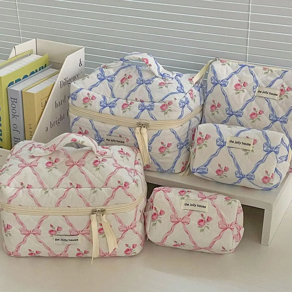 Cute Bow Flower Quilting Makeup Bag Women Zipper Cosmetic Organizer Female Cloth Handbag Portable Toiletry Case For Girls