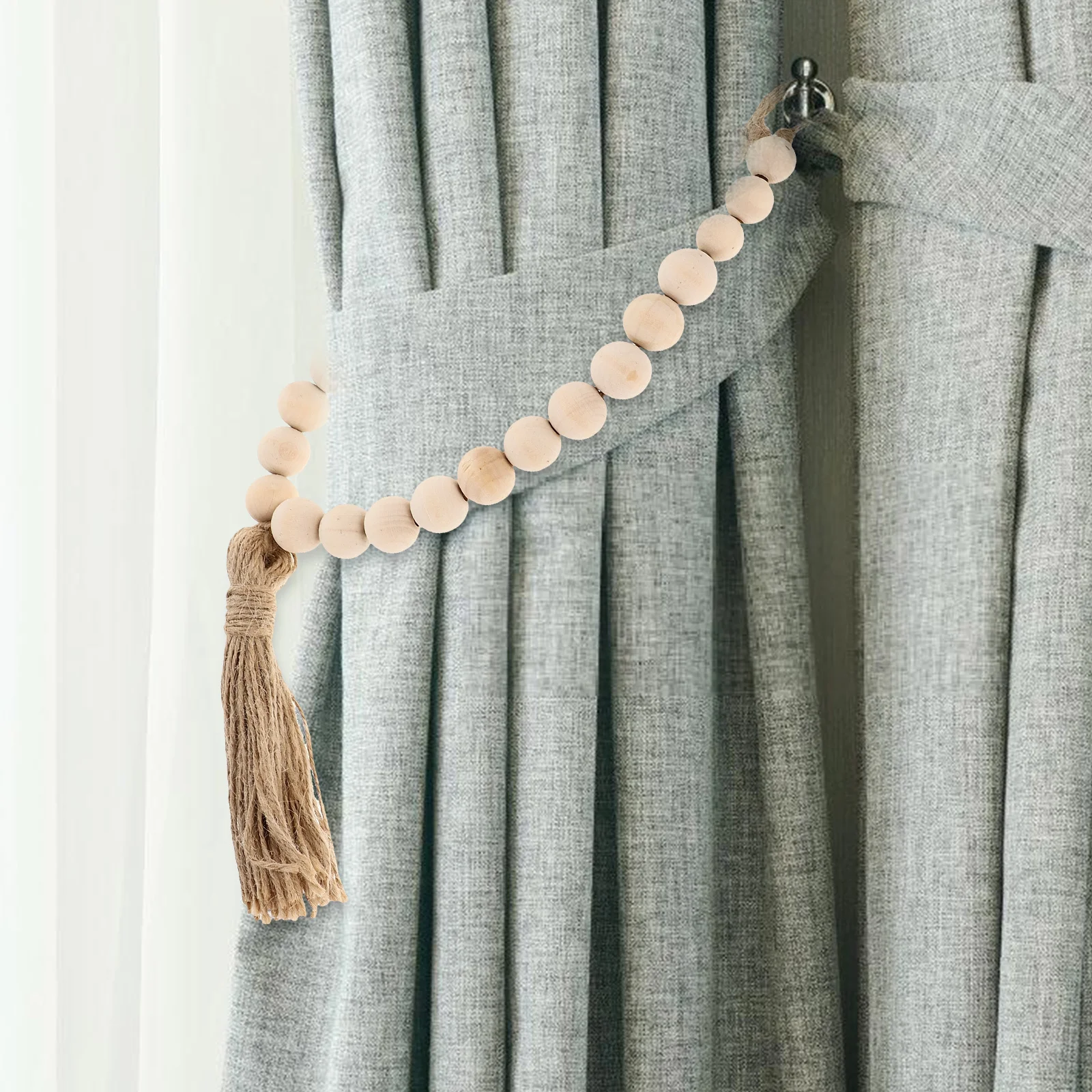 

2 pcs Curtain Tiebacks Hand Knitted Tassel Rope Wood Bead Decorative Drapery Holdback For Living Room Bedroom Window Decoration