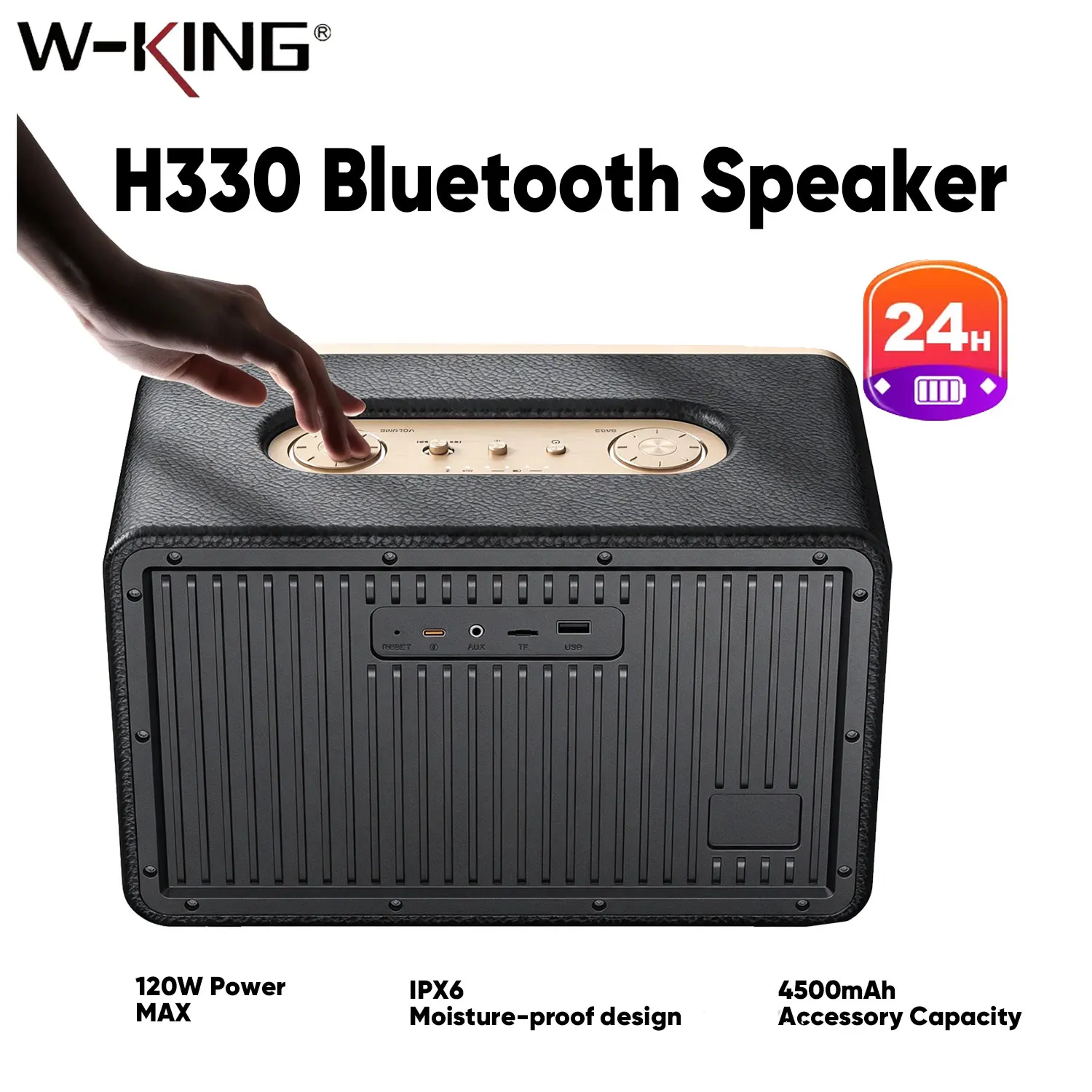 

Ретро-колонка W-KING с Bluetooth, максимальная мощность 210 Вт, насыщенный бас, беспроводная подсветка в 4 цветах, входы AUX/TF/USB, портативная, для дома/пикника