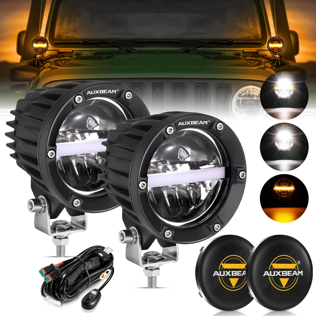 AUXBEAM 4 Inch Round LED Driving Lights Pods Work Lamps DRL Day Running Lights Pod Lights For Offroad Truck SUV ATV UVT 4X4