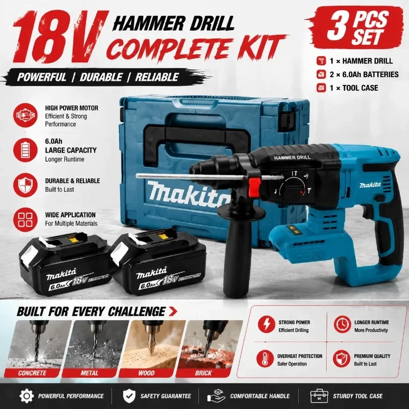 Marteau perforateur rotatif fiable DHR242 pour batterie Makita 18V, moteur sans balais efficace, 3 fonctions de travail, 4700 IPM d'impact pour béton épais de 24 mm