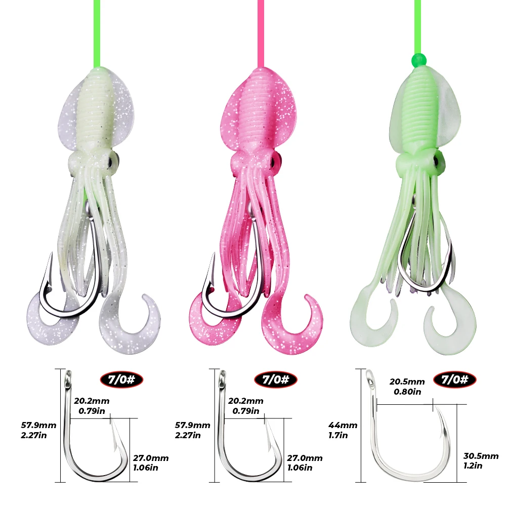 ZYZHE 1 Stück Tiefwasser-Rigs mit leuchtendem Tintenfischköder und hochfesten großen Fischhaken für Thunfisch, Marlin, Schwertfisch, Hoch- und Tiefwasser-Rigs – Detail 3