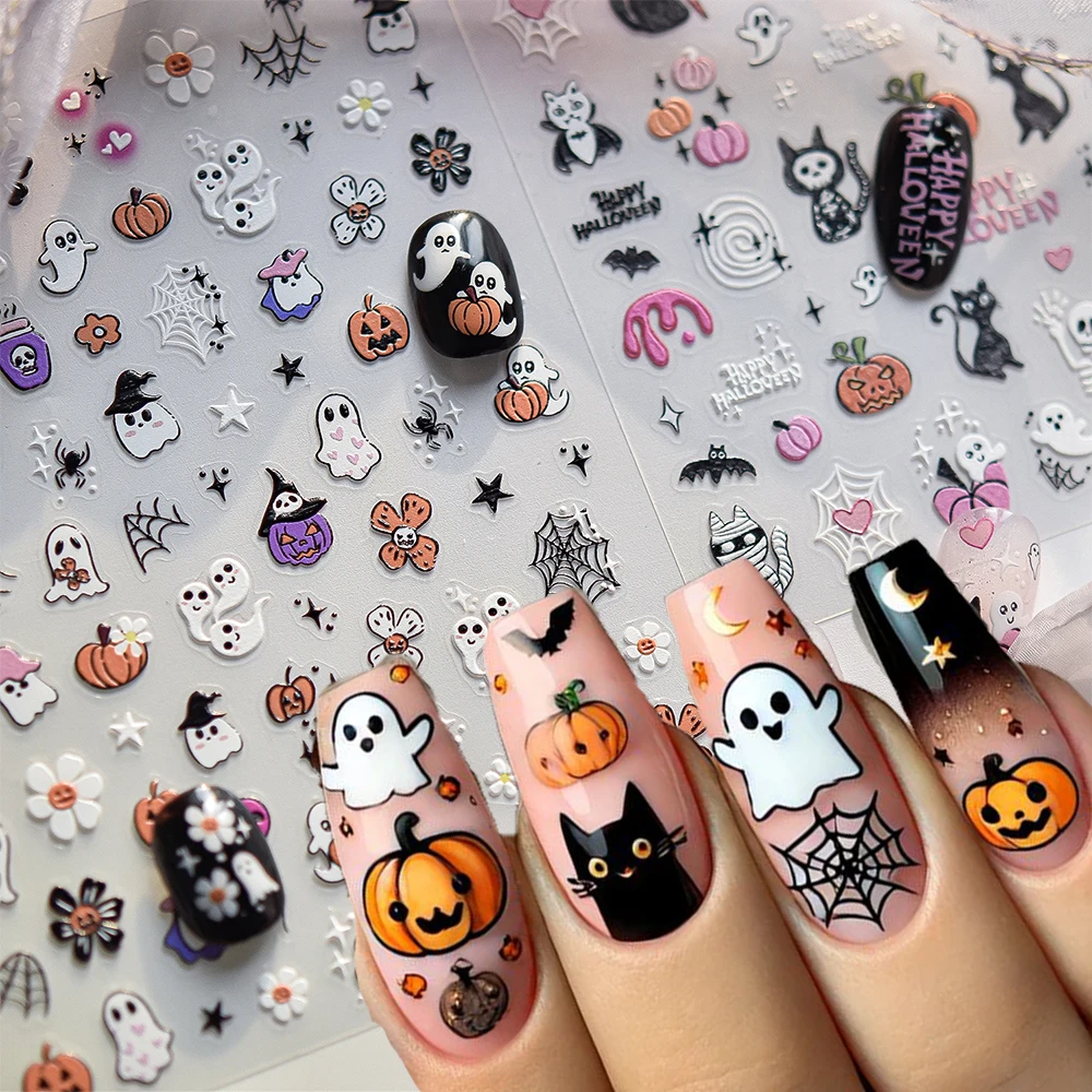 

1pcs 5D Cute Pink Little Ghost Halloween Stickers Nail Decoration Pumpkins Skeleton Spider Festive Balloons Floral Decals Access
