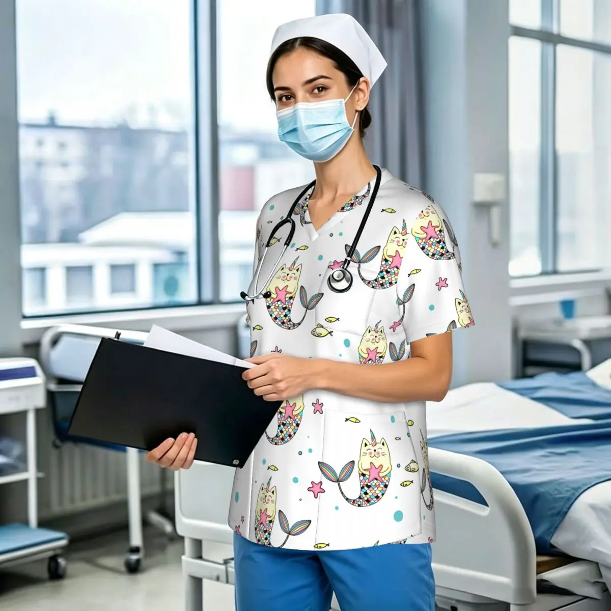 Unisex Cute Cat Mermaid Dentist Lab Vet Pharmacy Medical School Cleanning Hospital Working Uniforms Women Men
