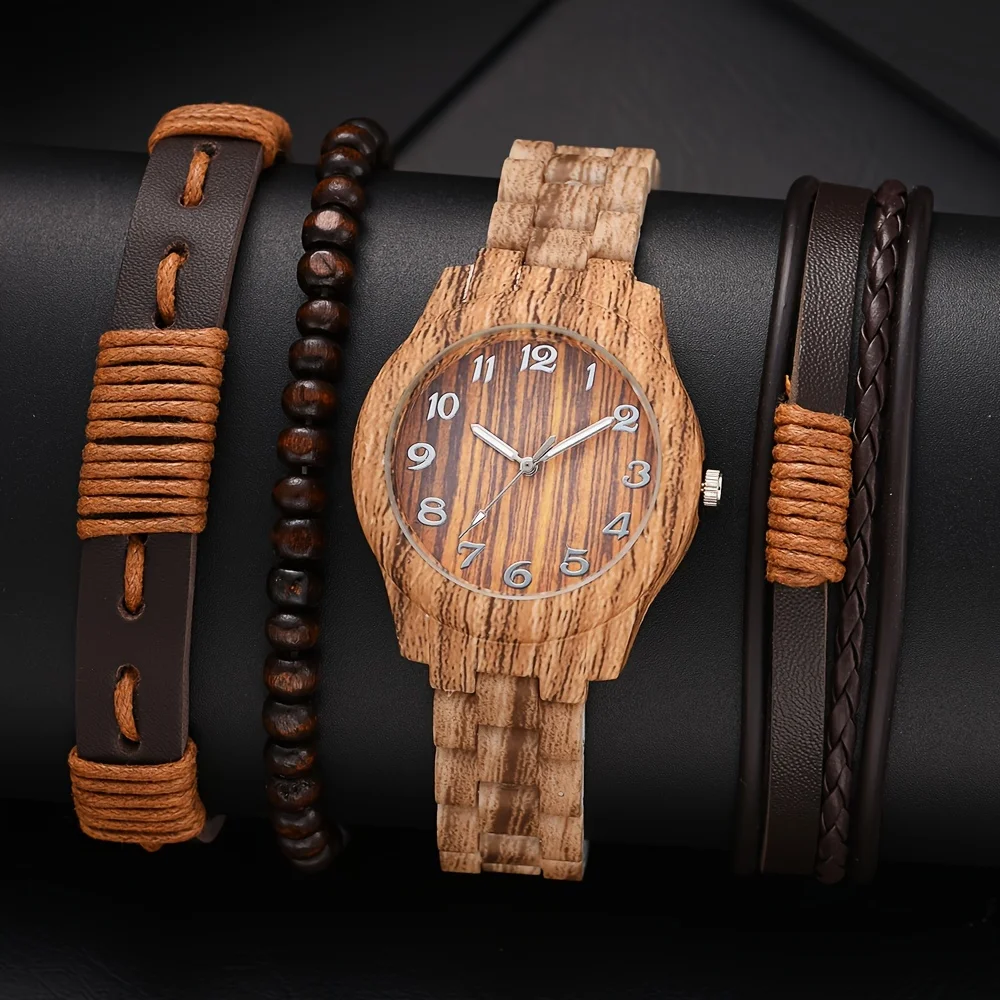 4pcs Casual Fashion Quartz Watch For Women Analog-digital Pointer Gifts With Gifts Set Wood Color Watch Wrist